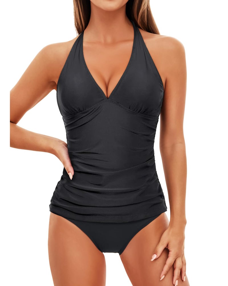 Holipick Women Two Piece Swimsuit Sexy Deep V Neck Halter Ruched Tummy Control Tankini Sets Black L - Image 1